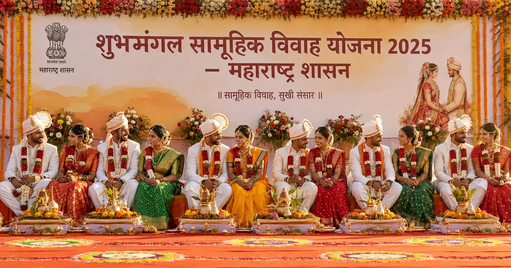 शुभमंगल सामूहिक विवाह योजना 2026 14 शुभमंगल सामूहिक विवाह योजनेंतर्गत महाराष्ट्रात आयोजित सामूहिक विवाह सोहळ्यात पारंपरिक वेशभूषेतील जोडपी मंचावर बसलेली असून पार्श्वभूमीवर महाराष्ट्र सरकारचा बॅनर दिसत आहे
