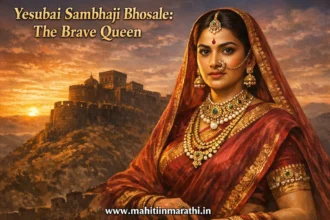 येसूबाई संभाजी भोसले: Yesubai Sambhaji Bhosale 4 Realistic image of Maharani Yesubai, consort of Chhatrapati Sambhaji, in traditional attire with historical fort background