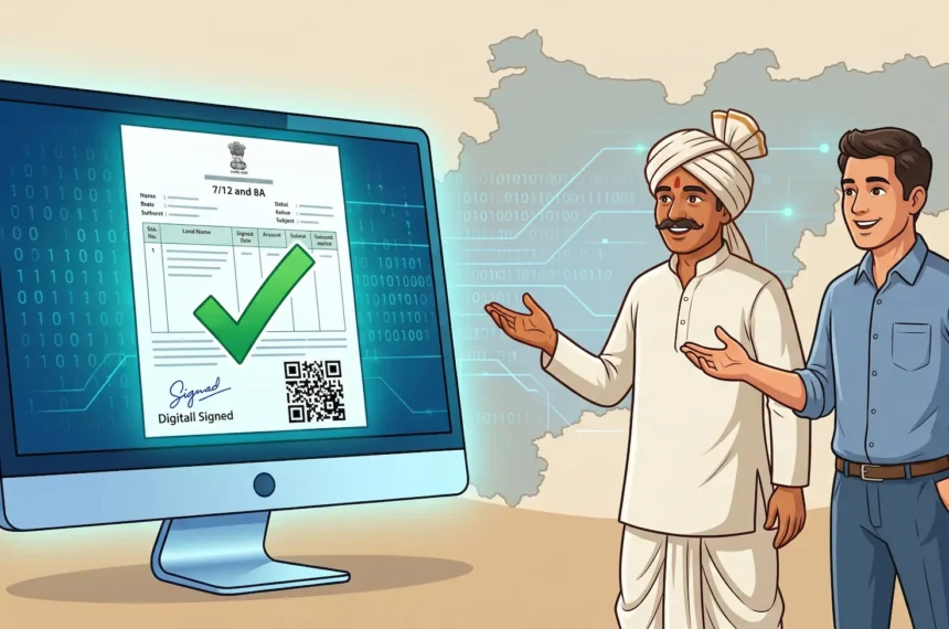 घरबसल्या ऑनलाईन 7/12 आणि 8 अ उतारा Download कसा करावा याची संपूर्ण माहिती. अधिकृत डिजिटल सातबारा काढण्याची सोपी पद्धत आणि 15 रुपये फी विषयी कायदेशीर माहिती.