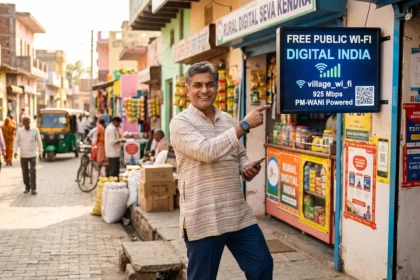 PM-WANI योजना: setup in an Indian village shop.