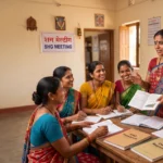 महिला बचत गट 2026 2 महिला बचत गटाच्या बैठकीत बचत आणि कर्ज नियोजन करणाऱ्या महिला