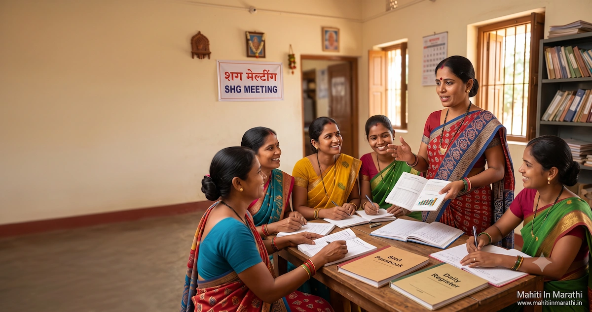 महिला बचत गटाच्या बैठकीत बचत आणि कर्ज नियोजन करणाऱ्या महिला