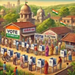 महाराष्ट्रात एकाच टप्प्यात मतदान - 20 नोव्हेंबर रोजी मतदान तर 23 रोजी मतमोजणी 2 DALL·E 2024 10 15 17.32.36 A scene in Maharashtra depicting a large scale election. People are gathered to vote in a peaceful organized manner at a polling booth on November 20