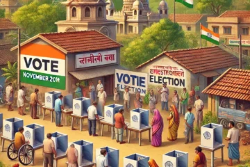 DALL·E 2024 10 15 17.32.36 A scene in Maharashtra depicting a large scale election. People are gathered to vote in a peaceful organized manner at a polling booth on November 20