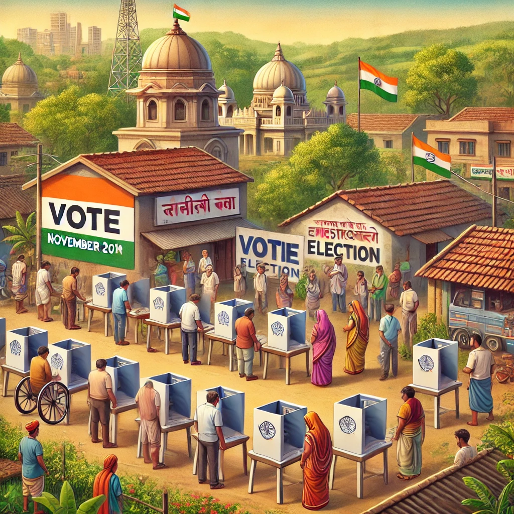 DALL·E 2024 10 15 17.32.36 A scene in Maharashtra depicting a large scale election. People are gathered to vote in a peaceful organized manner at a polling booth on November 20