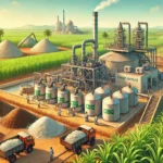 DALL·E 2024 10 25 17.17.05 Illustration of a compressed biogas CBG production project in a rural Indian sugarcane industry setting. The scene shows a CBG plant with machinery