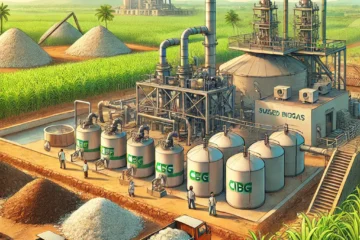 DALL·E 2024 10 25 17.17.05 Illustration of a compressed biogas CBG production project in a rural Indian sugarcane industry setting. The scene shows a CBG plant with machinery