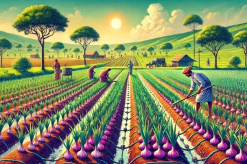 DALL·E 2024 10 26 16.22.35 A vibrant illustration of a garlic farm in Maharashtra India with green fields and rows of healthy garlic plants under a clear sky. Farmers in tradi