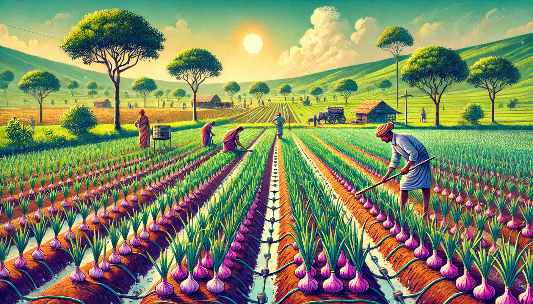 DALL·E 2024 10 26 16.22.35 A vibrant illustration of a garlic farm in Maharashtra India with green fields and rows of healthy garlic plants under a clear sky. Farmers in tradi