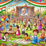 बालदिन (Children's Day) 3 DALL·E 2024 11 14 20.50.26 An illustration of Childrens Day celebration in India. The scene shows a lively group of children playing together in a colorful park with balloons