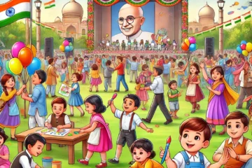 DALL·E 2024 11 14 20.50.26 An illustration of Childrens Day celebration in India. The scene shows a lively group of children playing together in a colorful park with balloons