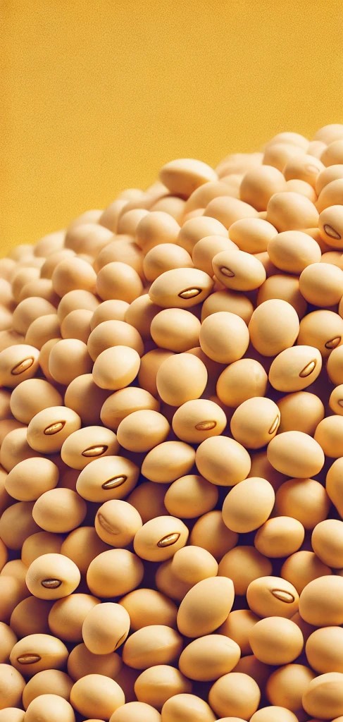 DALL·E 2025 02 12 16.20.02 A split screen image. On the left side a close up of fresh soybeans light yellow in color piled together. On the right side an Indian politician i