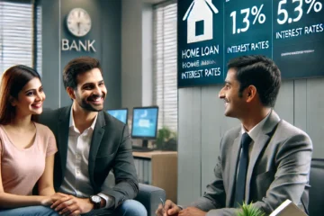 DALL·E 2025-02-13 18.20.06 – A modern Indian bank office with a digital display showing reduced home loan interest rates. A happy couple is sitting with a bank officer, discussing