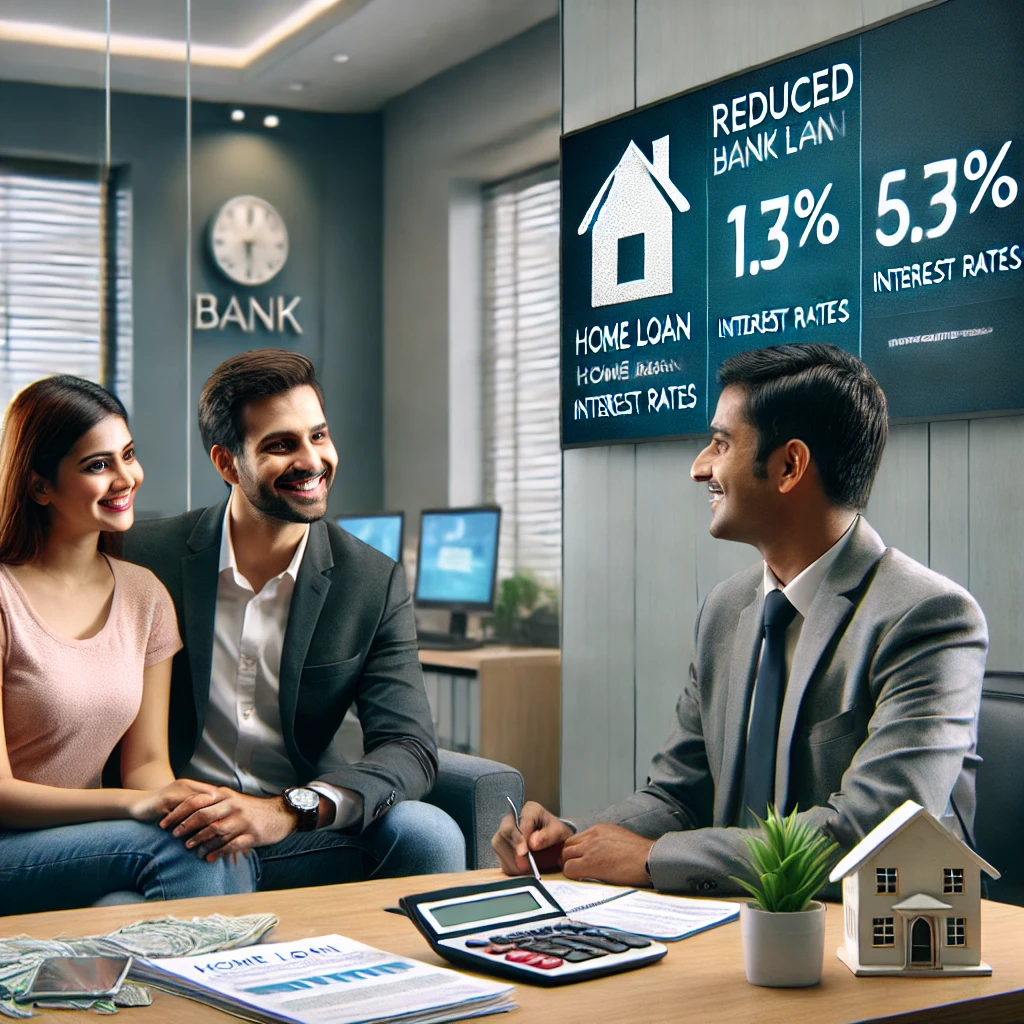 DALL·E 2025 02 13 18.20.06 A modern Indian bank office with a digital display showing reduced home loan interest rates. A happy couple is sitting with a bank officer discussing