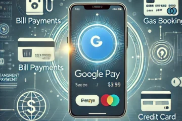 DALL·E 2025 02 23 17.29.30 A digital illustration showcasing Google Pay transactions with a smartphone displaying the Google Pay logo. Icons representing bill payments gas book