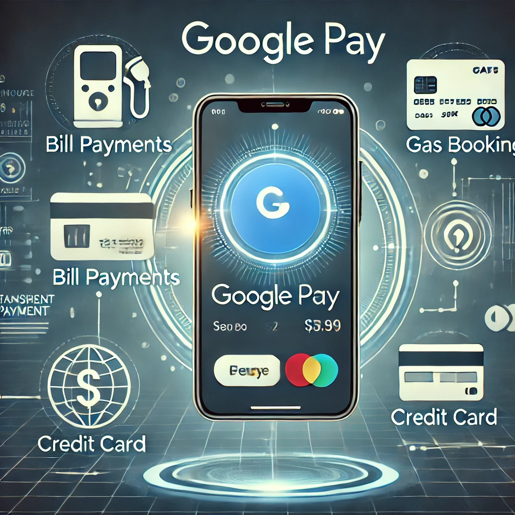 DALL·E 2025 02 23 17.29.30 A digital illustration showcasing Google Pay transactions with a smartphone displaying the Google Pay logo. Icons representing bill payments gas book