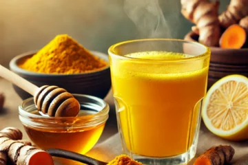 DALL·E 2025 02 28 16.10.03 A warm glass of turmeric water with a golden hue placed on a rustic wooden table. Fresh turmeric root and turmeric powder in small bowls beside the g