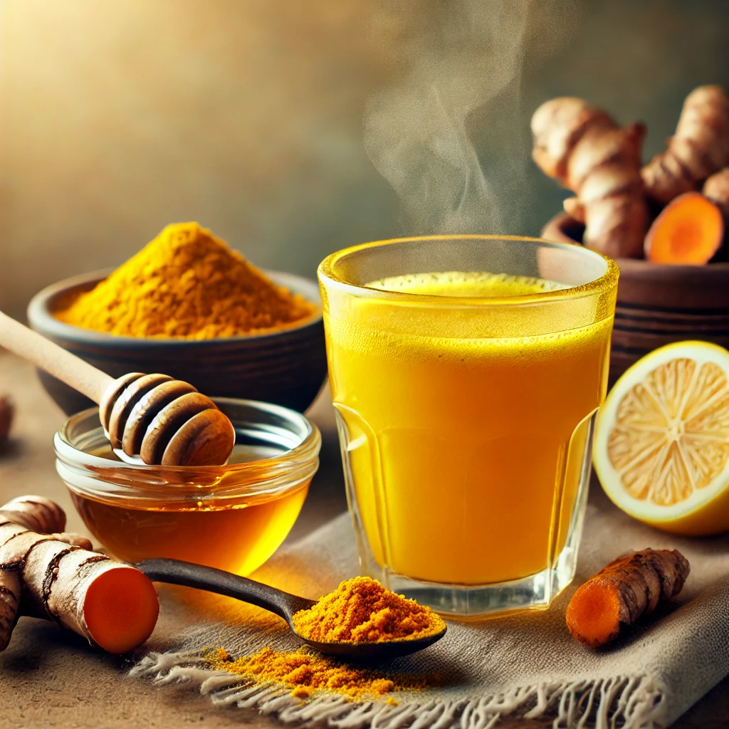 DALL·E 2025 02 28 16.10.03 A warm glass of turmeric water with a golden hue placed on a rustic wooden table. Fresh turmeric root and turmeric powder in small bowls beside the g