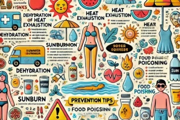 DALL·E 2025 03 10 13.33.59 An informative image illustrating summer health risks and preventive measures. The image should include visual representations of common summer health