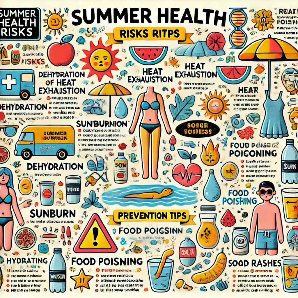 DALL·E 2025 03 10 13.33.59 An informative image illustrating summer health risks and preventive measures. The image should include visual representations of common summer health