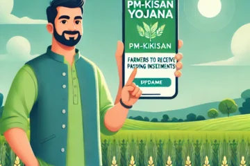 DALL·E 2025 03 14 15.22.40 A farmer standing in a lush green field holding a smartphone displaying the PM Kisan scheme website. The background shows a bright sky with crops gro