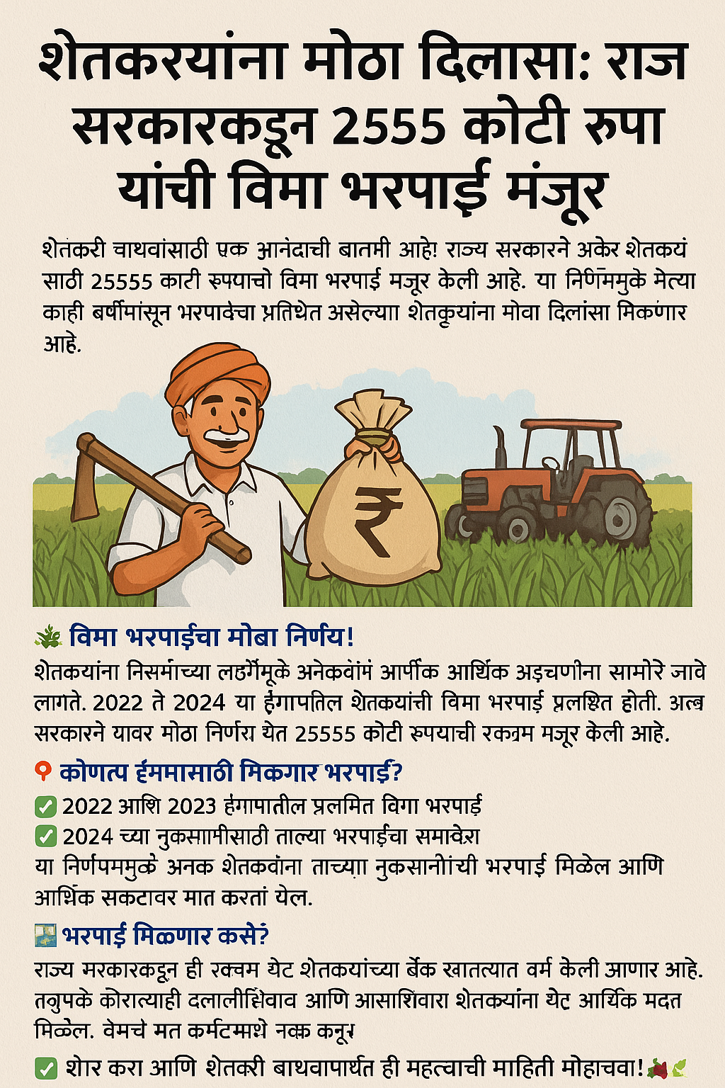 शेतकऱ्यांना दिलासा! राज्य सरकारकडून २५५५ कोटींची भरपाई 2 राज्य सरकारकडून २५५५ कोटी रुपयांची विमा भरपाई मंजूर
