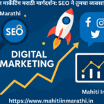 Digital Marketing illustration showing SEO, social media icons, analytics chart and rocket growth