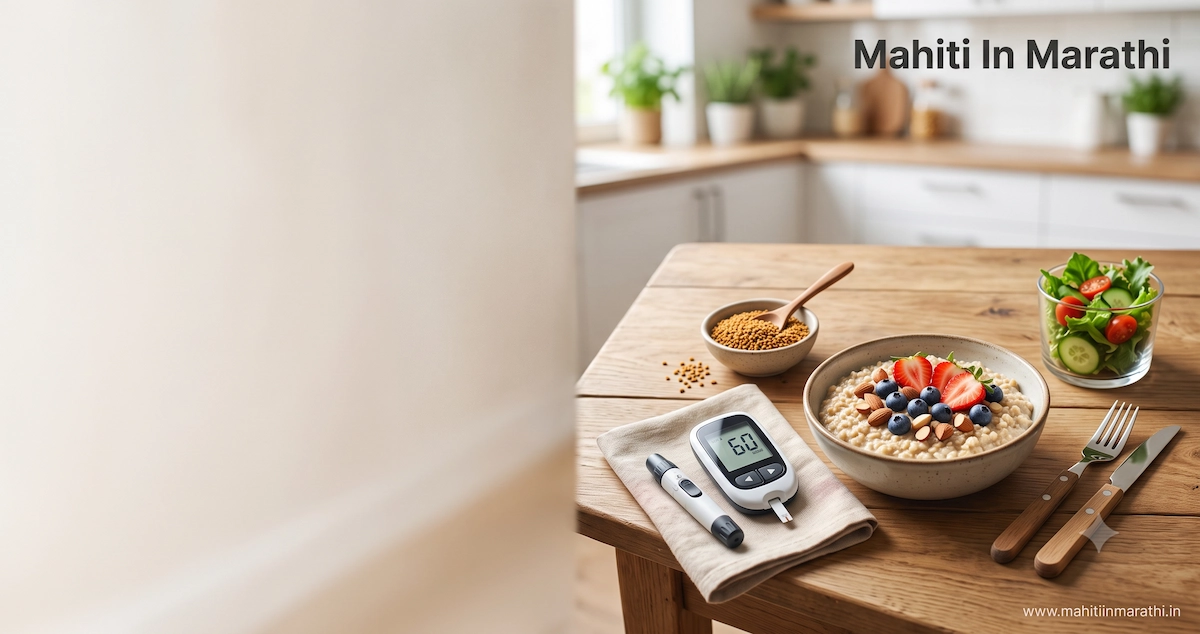 डायबेटीस नियंत्रण घरगुती उपाय | Diabetes Home Remedies Marathi 13 डायबेटीस नियंत्रणासाठी घरगुती उपाय आणि पौष्टिक आहार दर्शवणारी प्रतिमा