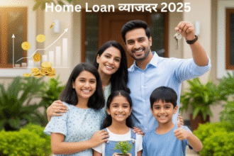 एक आनंदी भारतीय कुटुंब 2025 मध्ये आपल्या नवीन घरासमोर उभे आहे, त्यांनी गृहकर्ज घेऊन स्वप्न साकार केले आहे. पार्श्वभूमीत आर्थिक वाढ दर्शवणारे ग्राफ दिसतात.