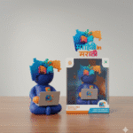 Nano Banana AI वापरून फोटो ते 3D Figurine बनवा 2 3D collectible figurine holding a laptop with Mahiti In Marathi logo and branded packaging box on wooden desk