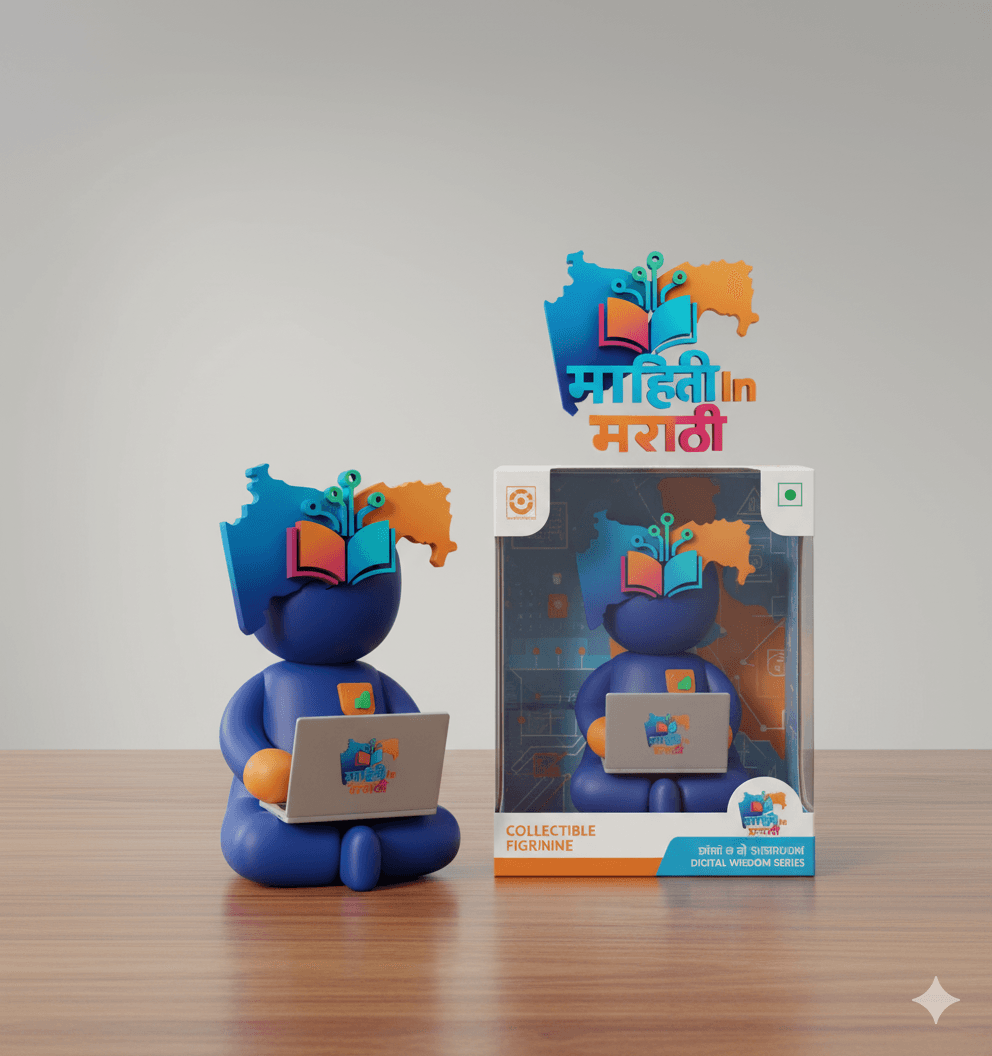 Nano Banana AI वापरून फोटो ते 3D Figurine बनवा 1 3D collectible figurine holding a laptop with Mahiti In Marathi logo and branded packaging box on wooden desk