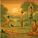 योगा करण्याचे फायदे | Yoga Benefits in Marathi 3 पारंपरिक शैलीत योगासनं करत असलेले लोक – सूर्यनमस्कार, वृक्षासन, भुजंगासन, पद्मासन आणि शवासन