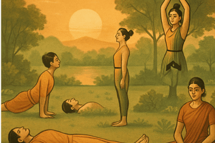पारंपरिक शैलीत योगासनं करत असलेले लोक – सूर्यनमस्कार, वृक्षासन, भुजंगासन, पद्मासन आणि शवासन