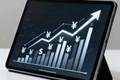 म्युच्युअल फंड बेस्ट प्लॅन्स २०२५ 6 Digital tablet showing an upward-trending bar and line graph with Yen and Dollar symbols, symbolizing successful long-term mutual fund investment growth for 2025.