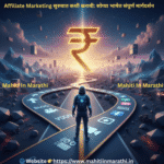 Affiliate Marketing सुरुवात कशी करावी: सोप्या भाषेत संपूर्ण मार्गदर्शन 3 एक व्यक्ती एका मोठ्या रस्त्याच्या सुरुवातीला उभा आहे, जो एका मोठ्या रुपयाच्या चिन्हाकडे जातो. रस्त्यावर ब्लॉग, व्हिडिओ आणि सोशल मीडिया असे बाण आहेत.