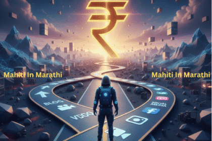 एक व्यक्ती एका मोठ्या रस्त्याच्या सुरुवातीला उभा आहे, जो एका मोठ्या रुपयाच्या चिन्हाकडे जातो. रस्त्यावर ब्लॉग, व्हिडिओ आणि सोशल मीडिया असे बाण आहेत.