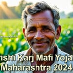 शेतकरी कर्जमाफी योजना महाराष्ट्र २०२४: ५०,००० प्रोत्साहन व २०२६ अपडेट 2 Detailed image of a relieved farmer in a field with the text: Krishi Karj Mafi Yojana Maharashtra 2024, with the website name www.mahitiinmarathi.in.