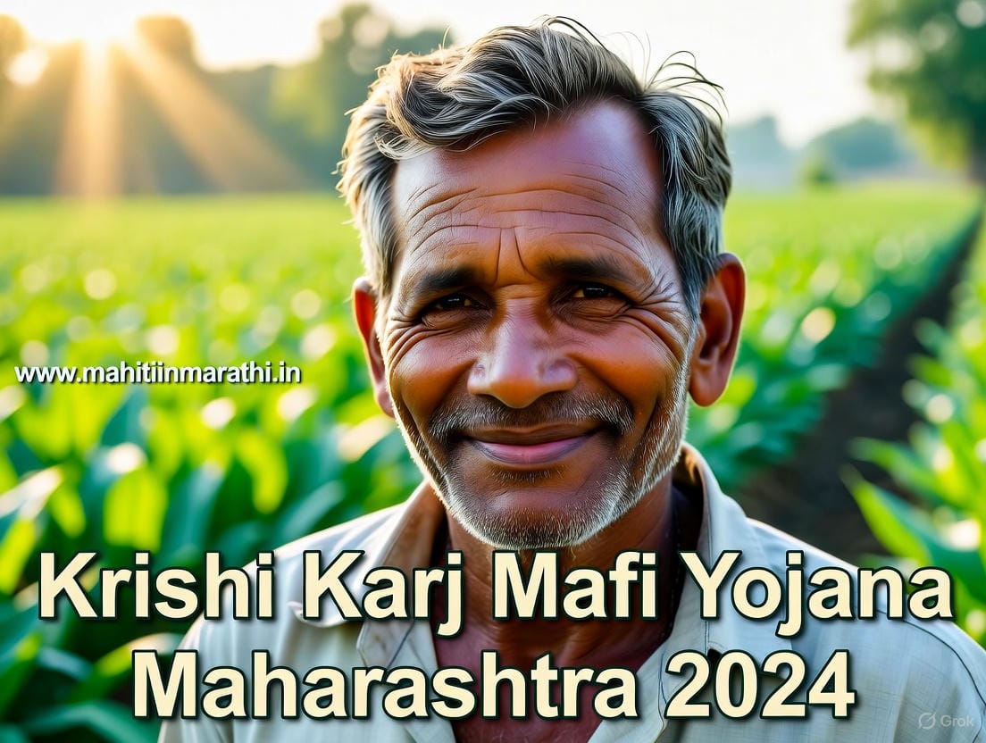 शेतकरी कर्जमाफी योजना महाराष्ट्र २०२४: ५०,००० प्रोत्साहन व २०२६ अपडेट 1 Detailed image of a relieved farmer in a field with the text: Krishi Karj Mafi Yojana Maharashtra 2024, with the website name www.mahitiinmarathi.in.