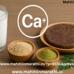 कॅल्शियमयुक्त २० सुपरफूड्स: हाडे मजबूत करण्याचा सोपा मार्ग 3 कॅल्शियमयुक्त २० सुपरफूड्स (मराठी) हाडे मजबूत करण्याचा सोपा मार्ग : दुधाचा ग्लास आणि नाचणीची भाकरी, तीळ आणि शेवग्याची पाने यांच्या सोबत ‘कॅल्शियम +’ लोगो असलेली आकर्षक प्रतिमा, डेअरी आणि नॉन-डेअरी कॅल्शियम स्रोत दाखवते.