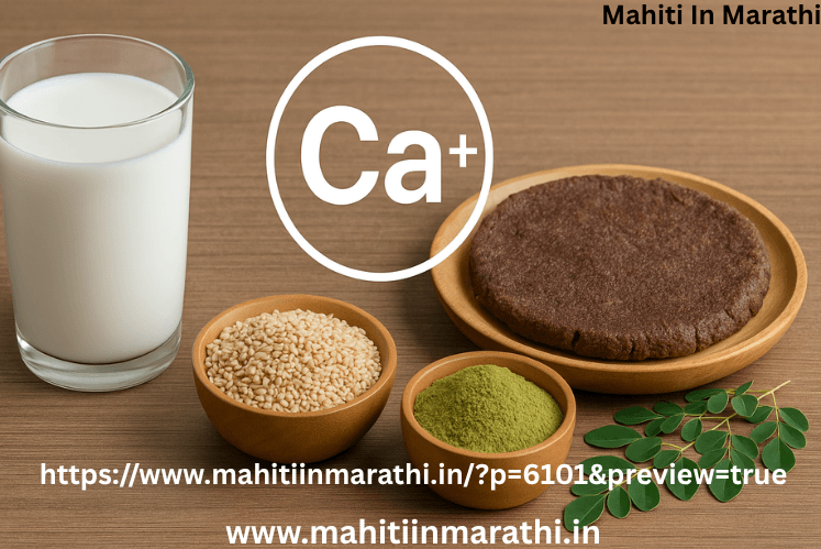 कॅल्शियमयुक्त २० सुपरफूड्स (मराठी) हाडे मजबूत करण्याचा सोपा मार्ग : दुधाचा ग्लास आणि नाचणीची भाकरी, तीळ आणि शेवग्याची पाने यांच्या सोबत ‘कॅल्शियम +’ लोगो असलेली आकर्षक प्रतिमा, डेअरी आणि नॉन-डेअरी कॅल्शियम स्रोत दाखवते.