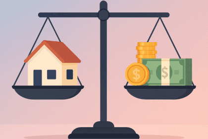 घर खरेदीसाठी सर्वोत्तम बँक: दर, शुल्क आणि निवड प्रक्रिया 9 A balanced weighing scale showing a house on one side and money on the other, symbolizing financial balance in home buying decisions.