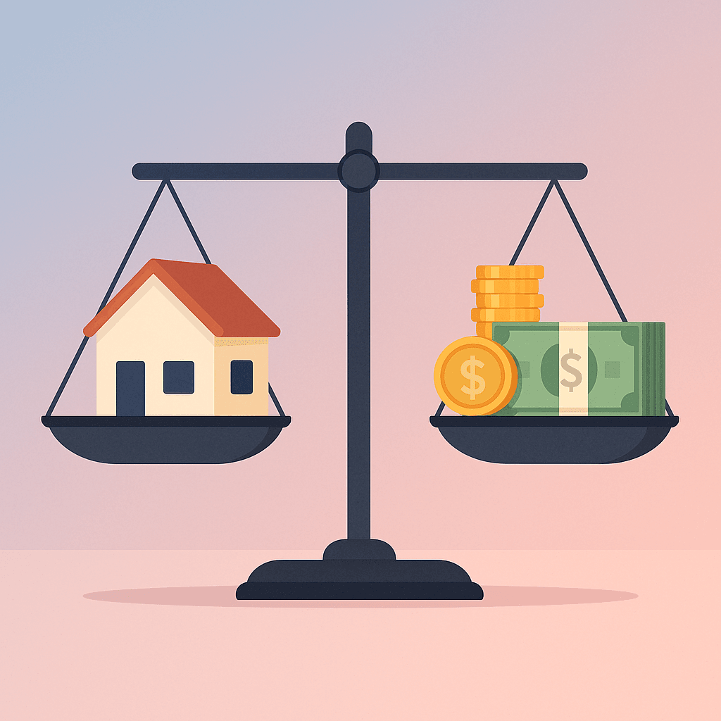 घर खरेदीसाठी सर्वोत्तम बँक: दर, शुल्क आणि निवड प्रक्रिया 1 A balanced weighing scale showing a house on one side and money on the other, symbolizing financial balance in home buying decisions.