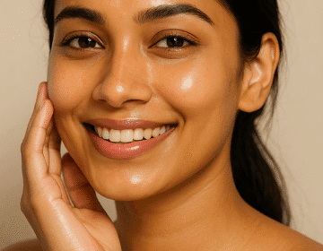 निरोगी, चमकदार त्वचेसाठी सोप्या टिप्स 8 निरोगी आणि चमकदार त्वचेची काळजी घेणारी तरुणी, तिच्या चेहऱ्यावर नैसर्गिक ग्लो आणि हसरा चेहरा दिसतो आहे.