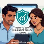 Insurance Policy कशी घ्यावी 2 Image of a young Indian couple happily reviewing their new insurance policy documents on a tablet, symbolizing financial planning and security, with the title 'HOW TO BUY INSURANCE POLICY GUIDE'.