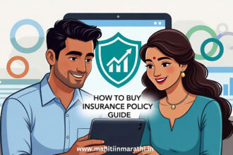 Insurance Policy कशी घ्यावी 2 Image of a young Indian couple happily reviewing their new insurance policy documents on a tablet, symbolizing financial planning and security, with the title 'HOW TO BUY INSURANCE POLICY GUIDE'.