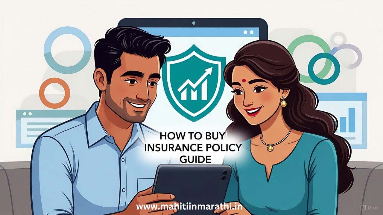 Image of a young Indian couple happily reviewing their new insurance policy documents on a tablet, symbolizing financial planning and security, with the title 'HOW TO BUY INSURANCE POLICY GUIDE'.