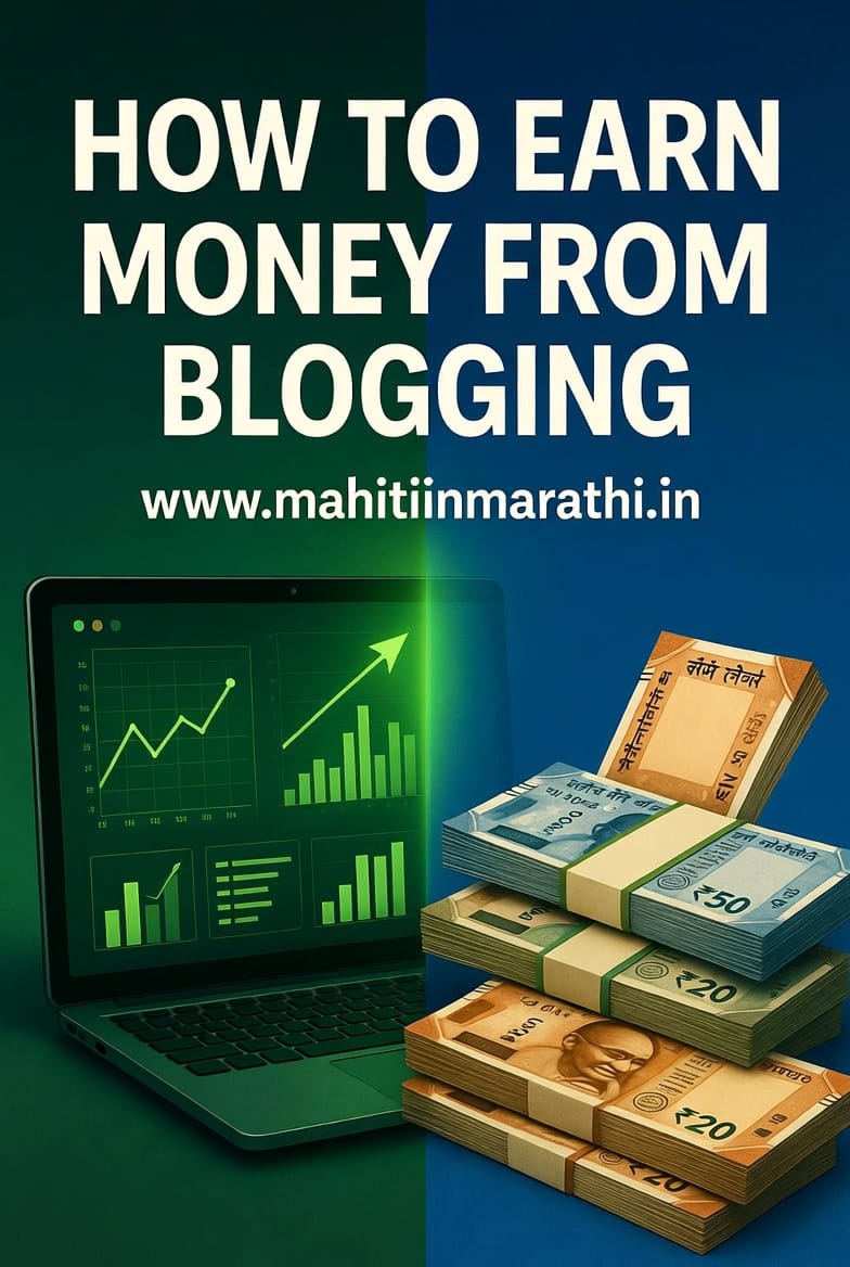 ब्लॉग मधून पैसे कमवण्याचे मार्ग दर्शवणारा लॅपटॉप आणि भारतीय रुपये. How to Earn Money from Blogging Marathi.