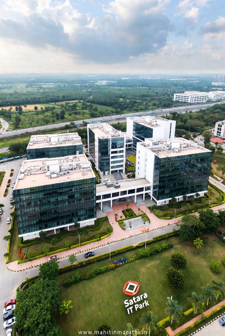 सातारा IT पार्कचा मार्ग मोकळा 1 नागेवाडी, सातारा येथील औद्योगिक क्षेत्र (आयटी पार्क) आणि पुणे-बंगळूर महामार्गाची कनेक्टिव्हिटी दर्शवणारे आधुनिक दृश्य