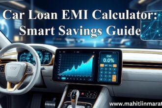 Car Loan EMI Calculator 4 कार लोन EMI कॅल्क्युलेटरचे डिजिटल चित्रण, ज्यात कमी मासिक हप्ता (EMI) आणि आर्थिक वाढ दर्शवणारा आलेख आहे.