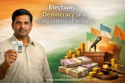 Indian elections showing contrast between a common voter with voter ID and money power in politics
